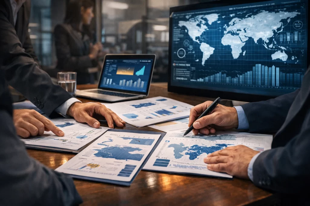International trade professionals analyzing global market data and supplier development strategy